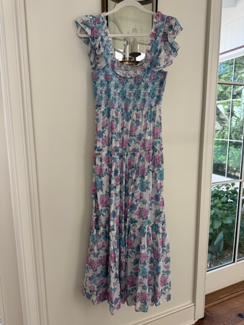 LoveShackFancy Chessie Midi Dress Floral Ruffle Sleeve Smocked in Sea Orchid